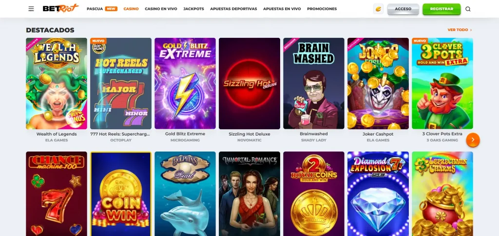 Interface du site web du Casino Betriot montrant les jeux et promotions